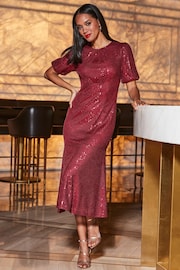 Sosandar Red Sequin Fit and Flare Puff Sleeve Midi Dress - Image 1 of 5