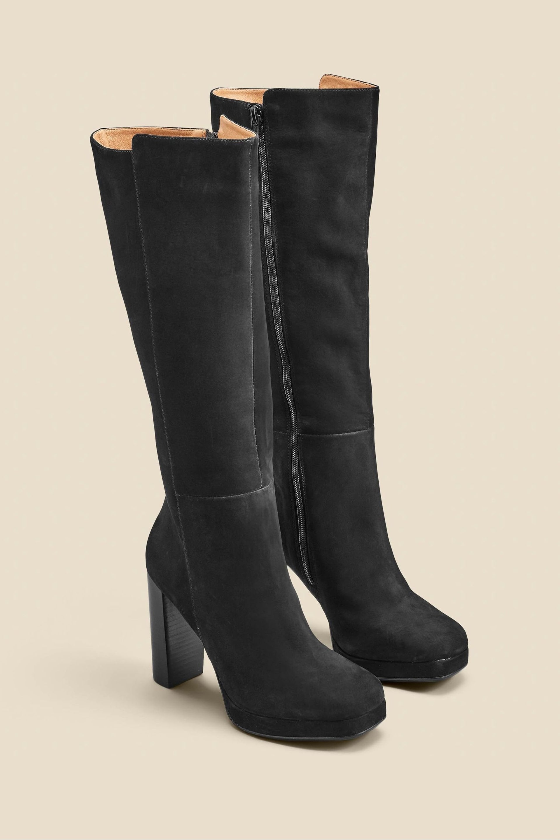 Sosandar Black Nubuck Leather Platform Block Heel Knee High Boots - Image 2 of 4