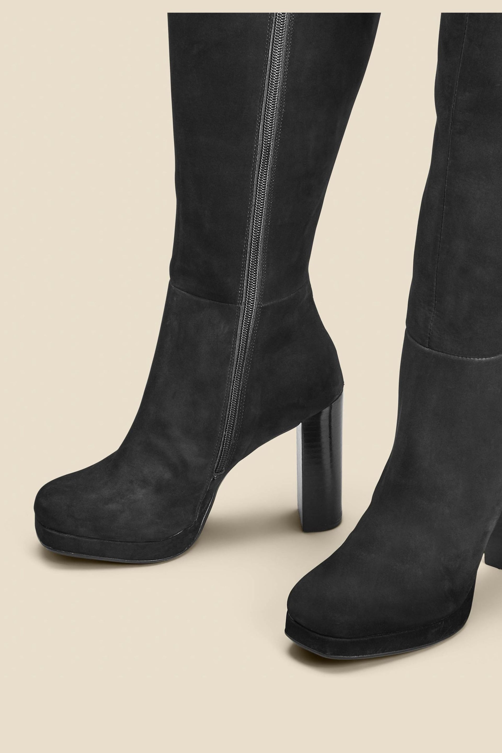 Sosandar Black Nubuck Leather Platform Block Heel Knee High Boots - Image 3 of 4