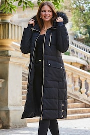 Sosandar Black Longline Padded Coat With Faux Fur Hoodie - Image 2 of 5