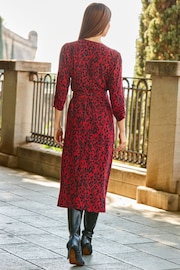 Sosandar Red Ruched Sleeve Midi Wrap Dress - Image 2 of 5