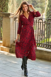 Sosandar Red Ruched Sleeve Midi Wrap Dress - Image 3 of 5