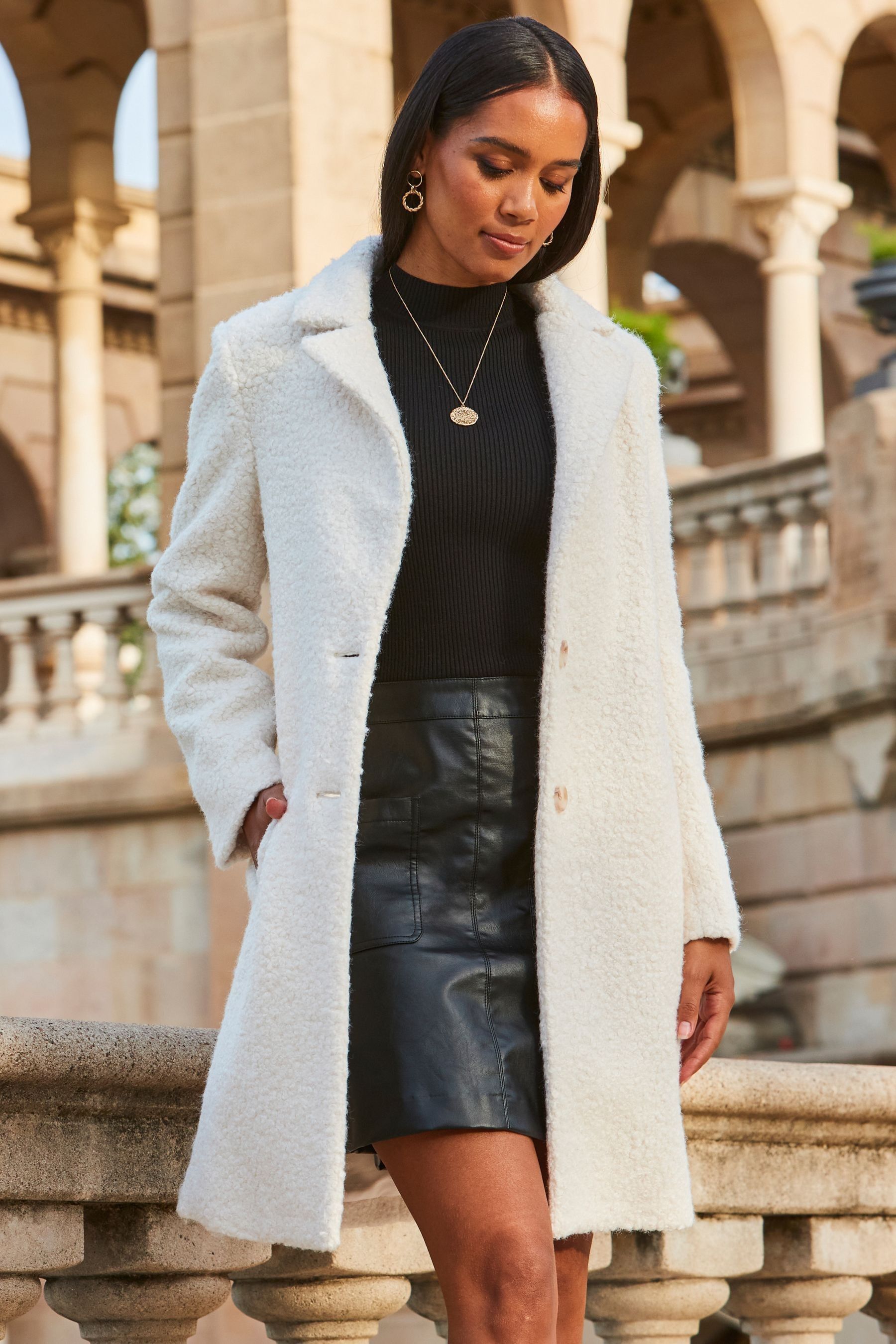 Sosandar White Borg Button Front Coat
