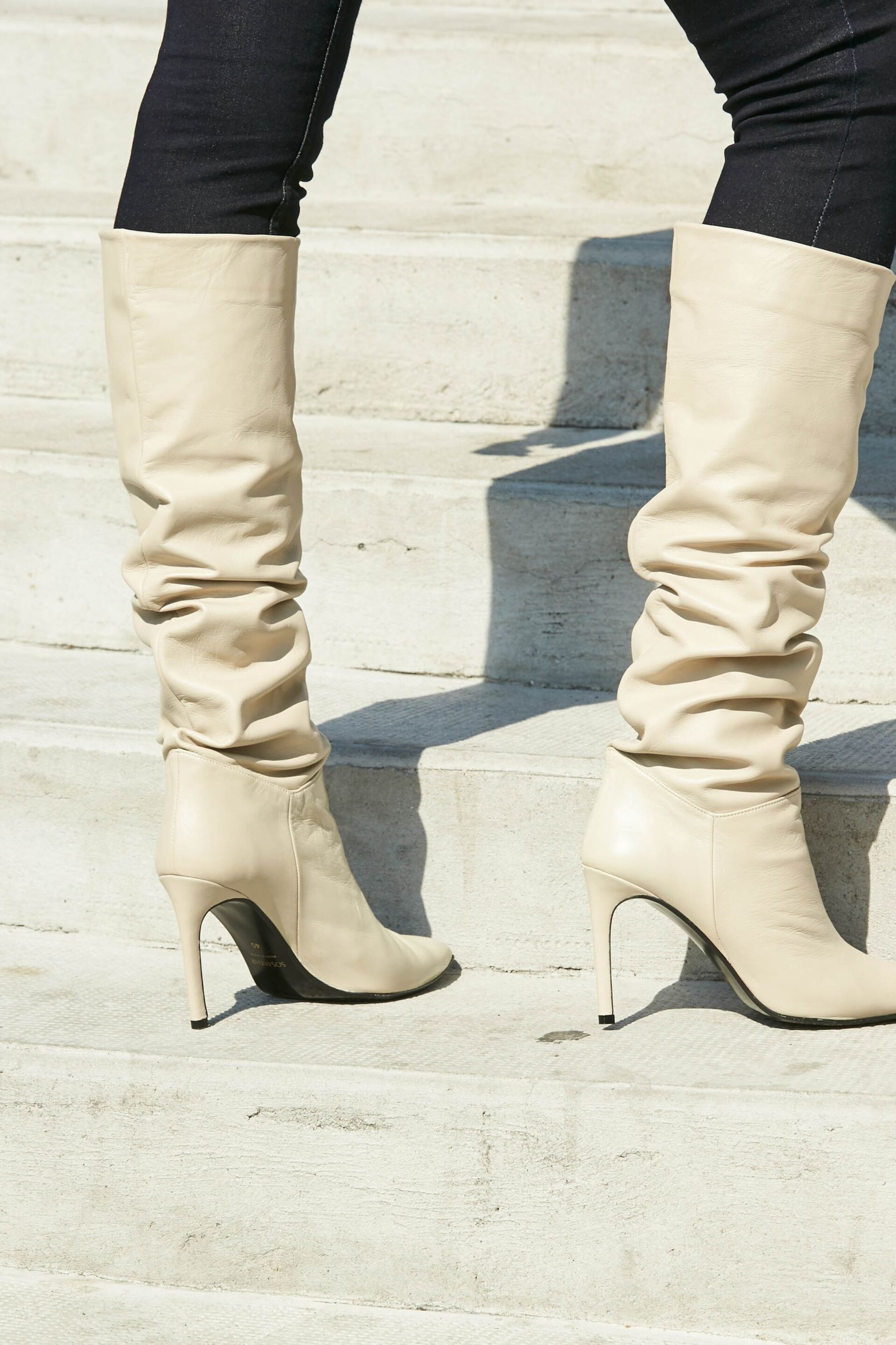 Sosandar Cream Belle Leather Slouch Stiletto Heel Knee High Boots - Image 2 of 5