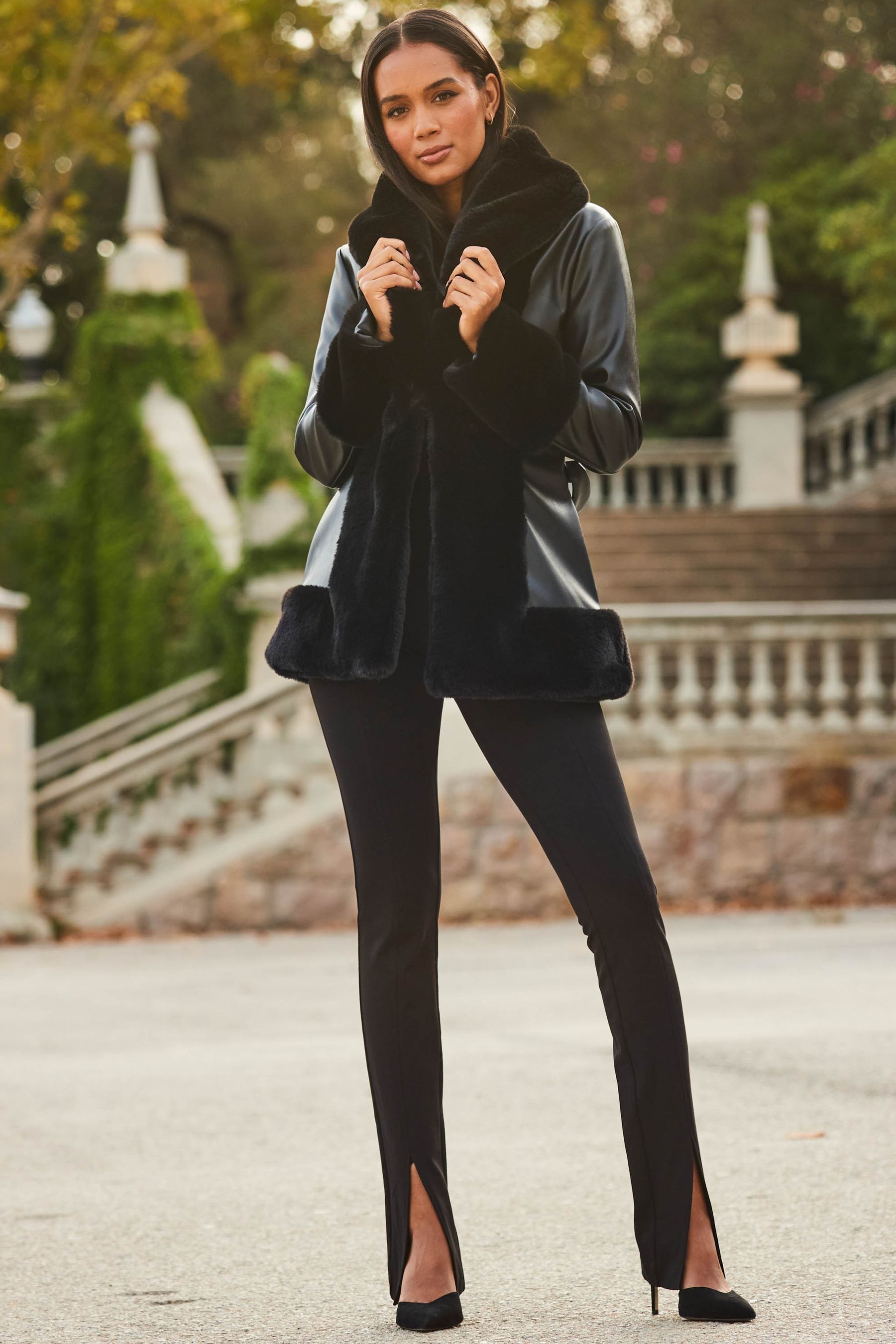 Sosandar Black Leather Tie Waist Coat With Faux Fur Trim