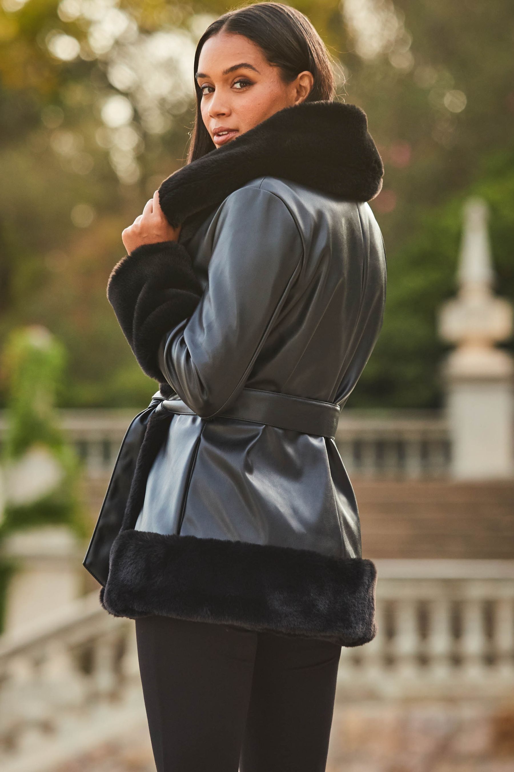 Calvin klein faux fur trim wrap coat shop