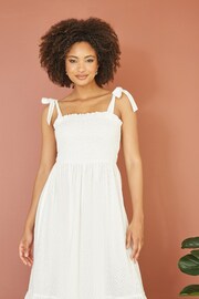 Mela White Broderie Anglaise Ruched Midi Sundress With Tie Sleeves - Image 2 of 5