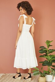 Mela White Broderie Anglaise Ruched Midi Sundress With Tie Sleeves - Image 4 of 5