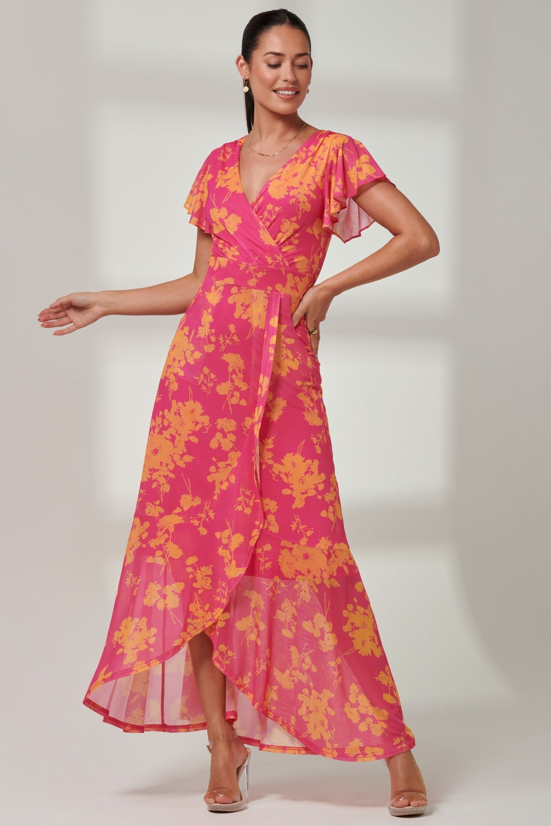 Jolie Moi Pink Floral Gisselle Ruffle Hem Mesh Maxi Dress - Image 1 of 6