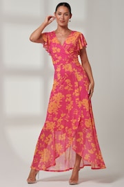 Jolie Moi Pink Floral Gisselle Ruffle Hem Mesh Maxi Dress - Image 4 of 6