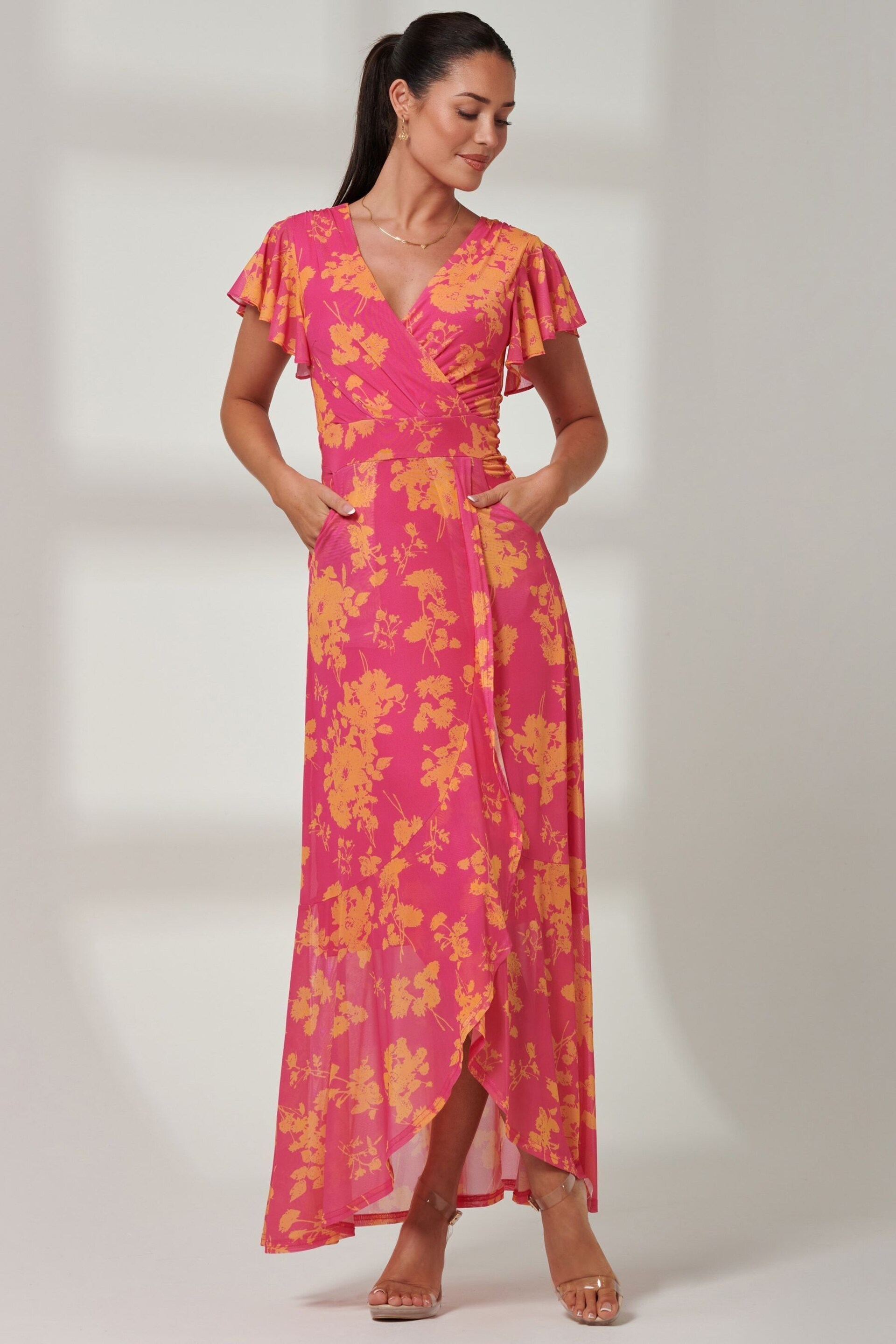 Jolie Moi Pink Floral Gisselle Ruffle Hem Mesh Maxi Dress - Image 5 of 6