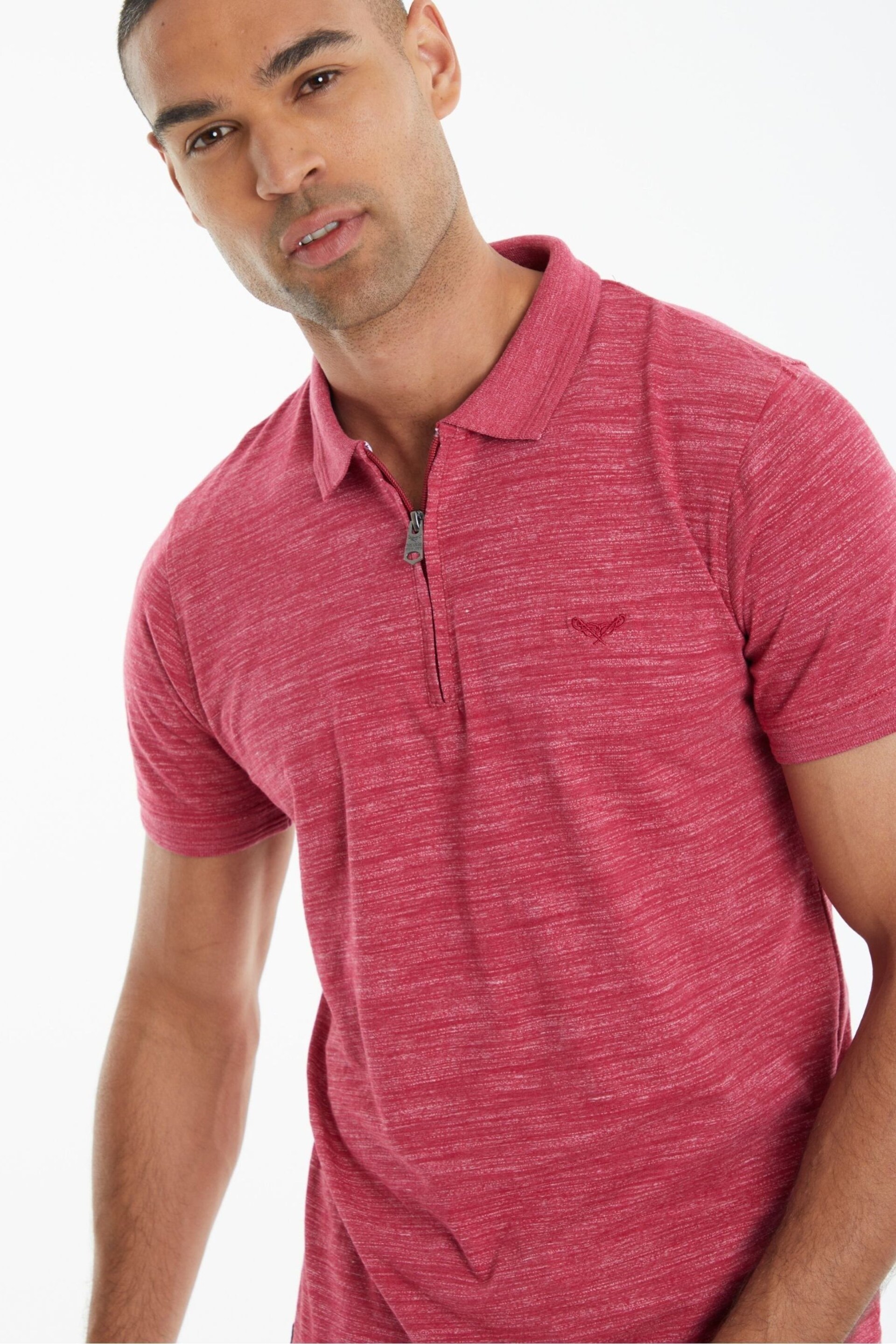 Threadbare Red Waffle Knit Zip Collar Polo Shirt - Image 3 of 4