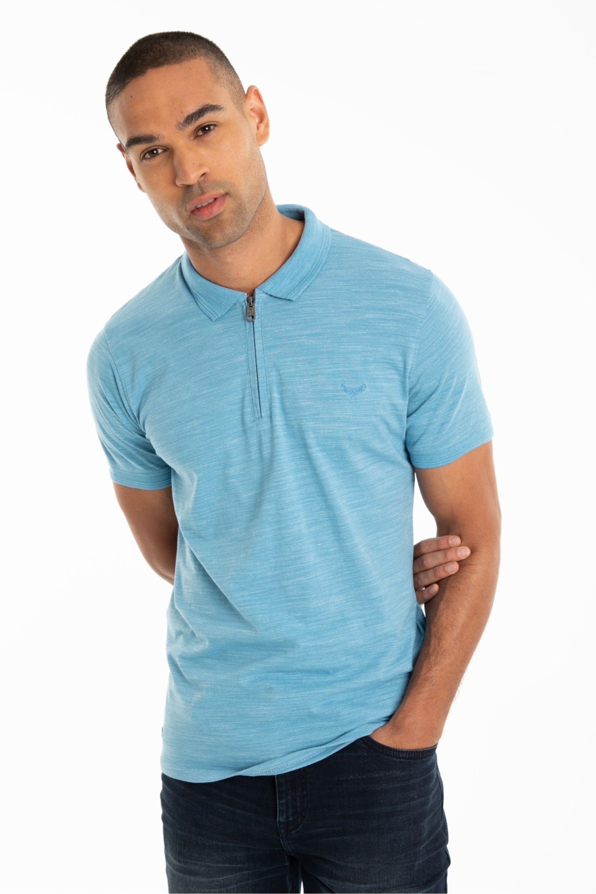 Threadbare Tranquil Blue Waffle Knit Zip Collar Polo Shirt - Image 1 of 4