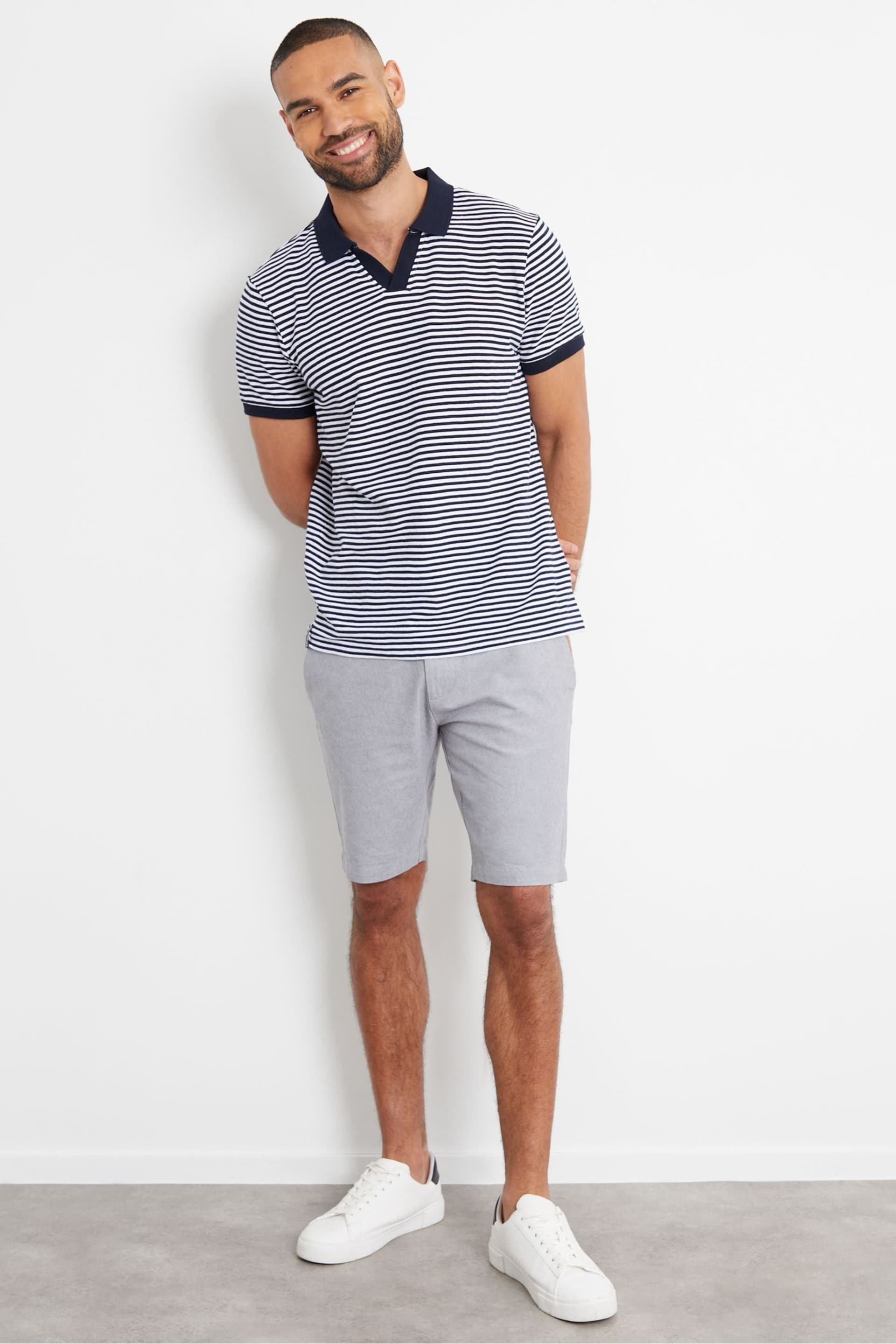 Threadbare Navy Open Collar Striped Pique Polo Shirt - Image 2 of 4