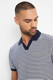 Threadbare Navy Open Collar Striped Pique Polo Shirt - Image 4 of 4