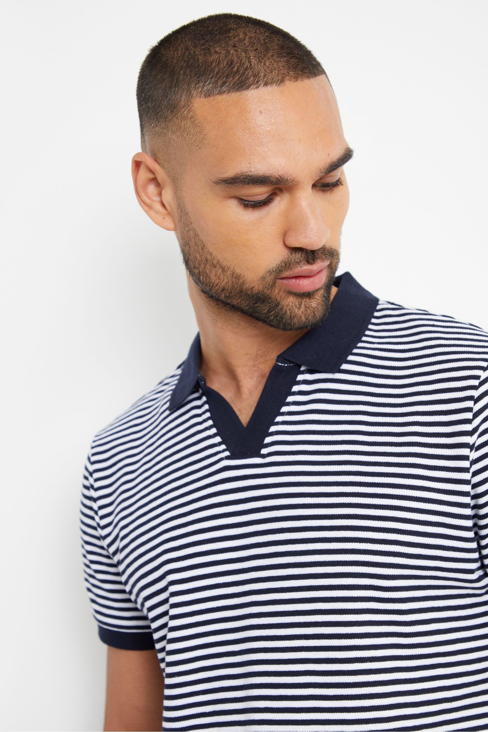 Threadbare Navy Open Collar Striped Pique Polo Shirt - Image 4 of 4