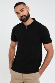 Threadbare Black Waffle Knit Zip Collar Polo Shirt - Image 1 of 4