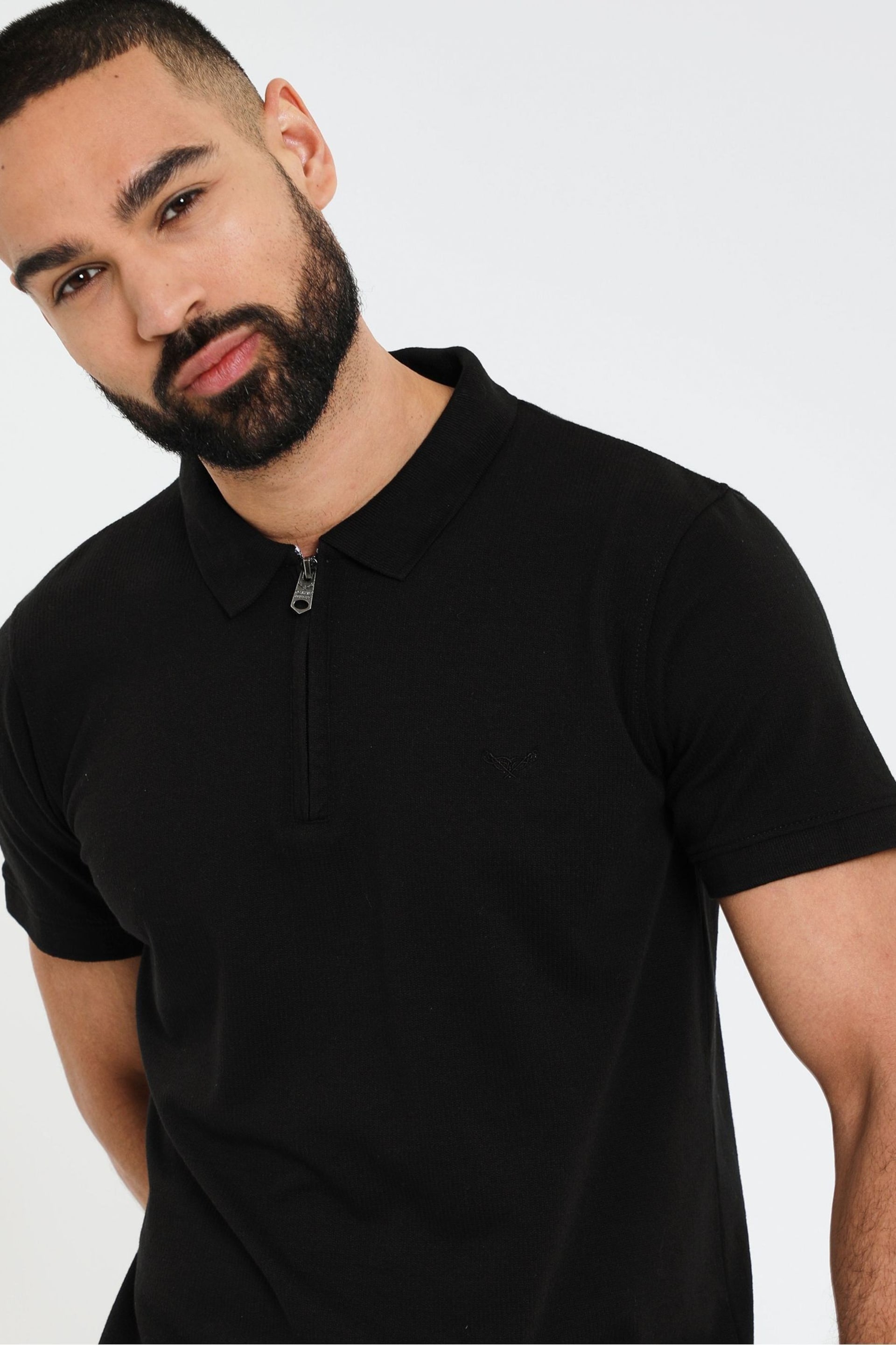 Threadbare Black Waffle Knit Zip Collar Polo Shirt - Image 4 of 4