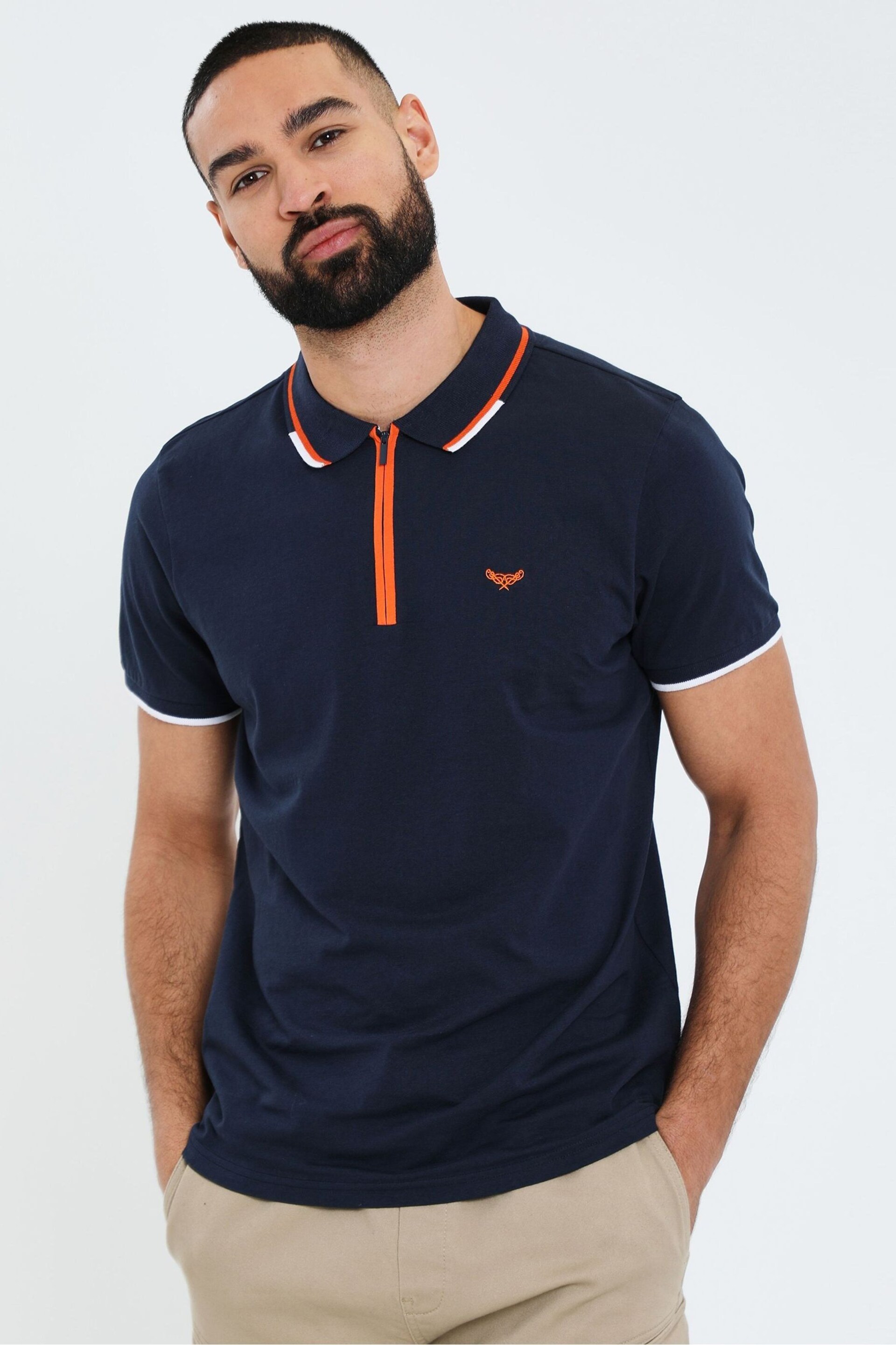 Threadbare Blue Cotton Jersey Zip Collar Polo Shirt - Image 1 of 4