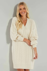 Threadbare Cream V-Neck Chunky Cable Knit Jumper Dress - Image 3 of 4