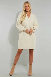 Threadbare Cream V-Neck Chunky Cable Knit Jumper Dress - Image 4 of 4