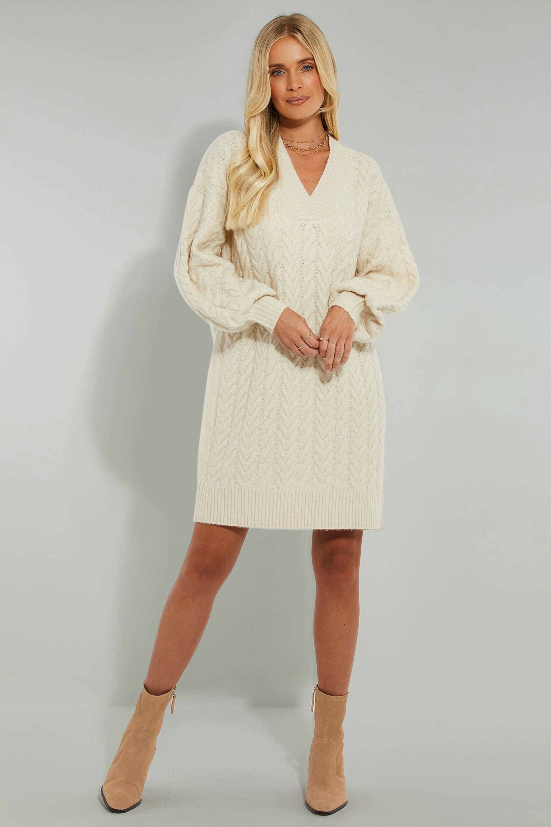 Threadbare Cream V-Neck Chunky Cable Knit Jumper Dress - Image 4 of 4