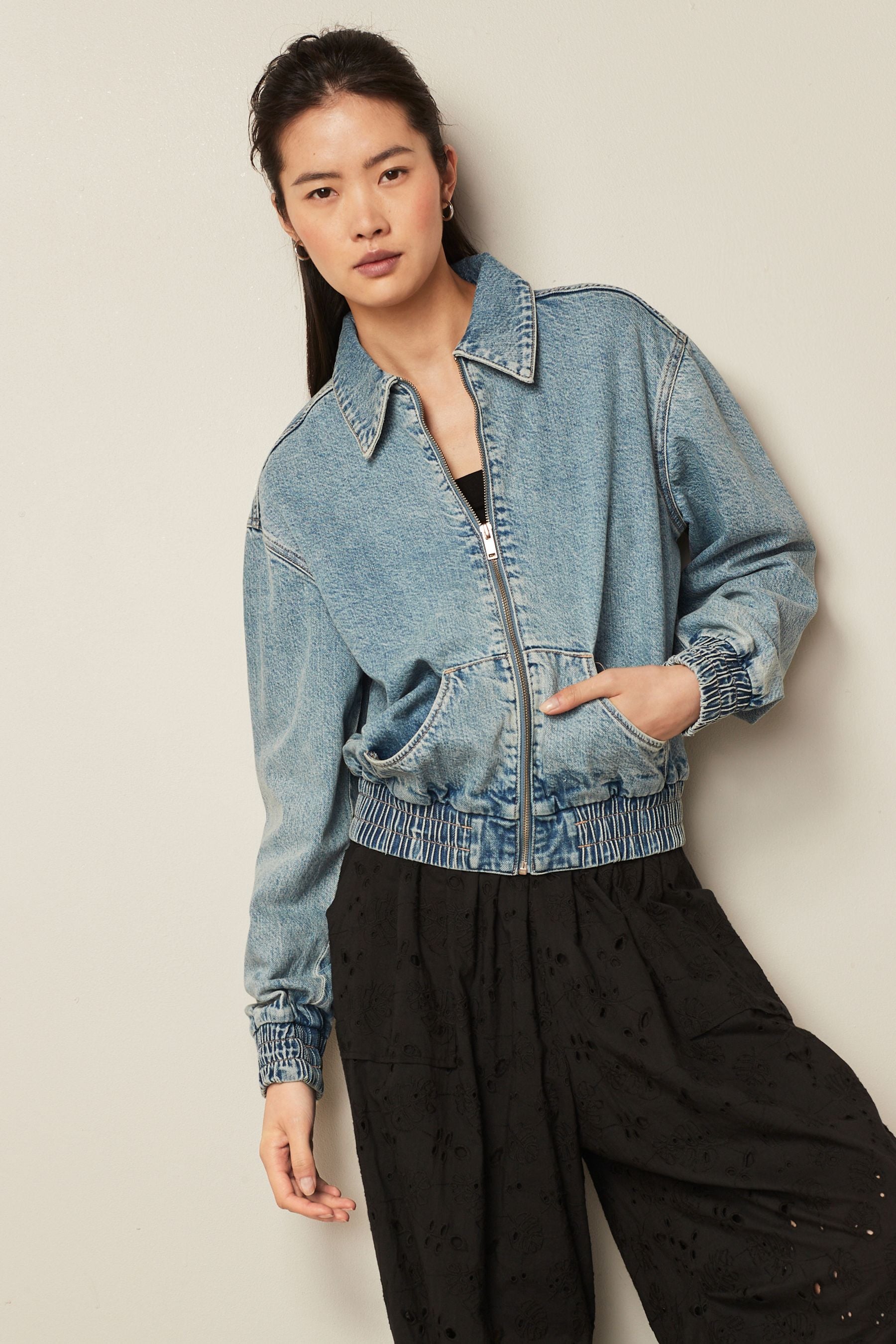 Buy Mid Blue Denim Bomber Jacket from Next Luxembourg