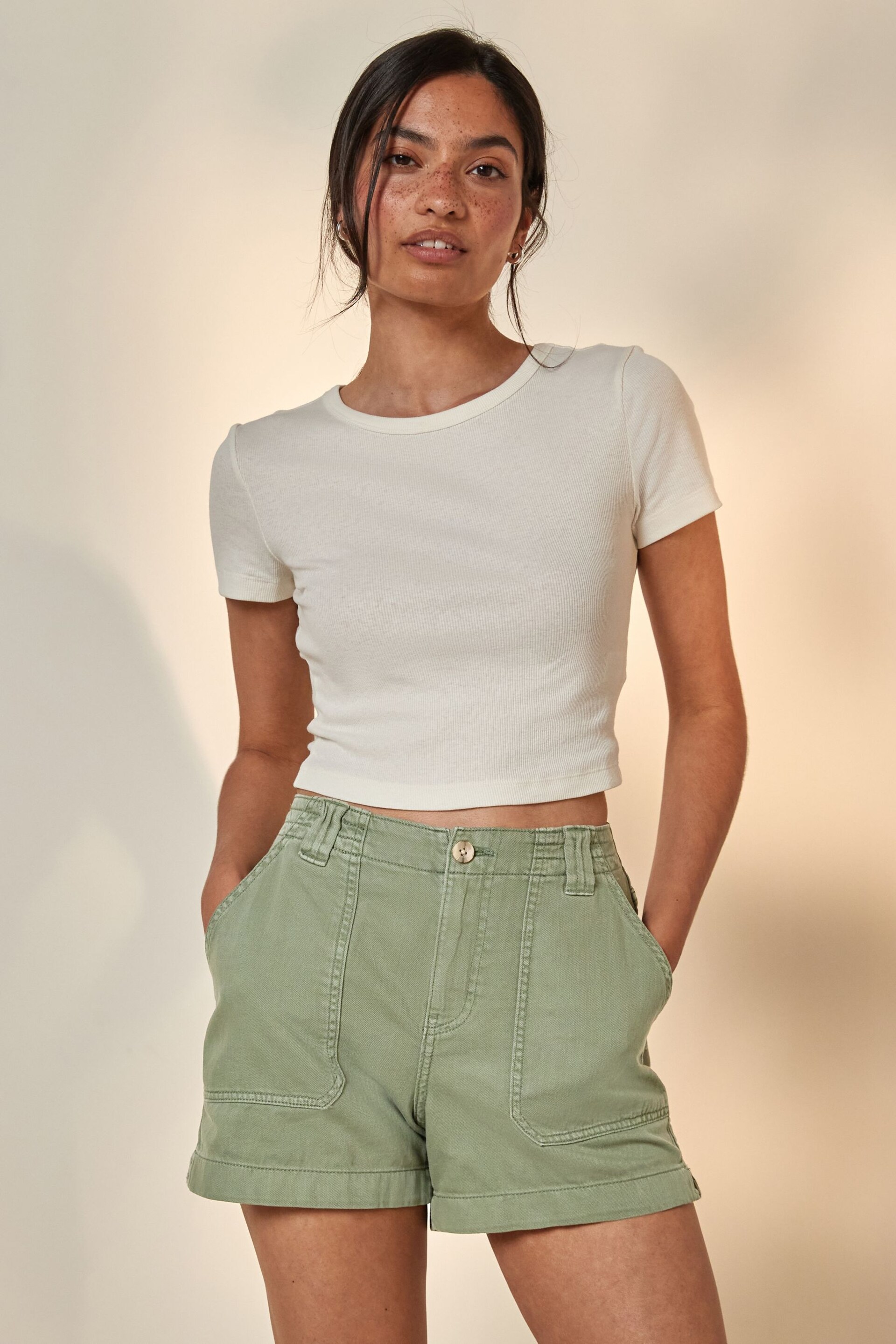 Khaki Green Cargo Utility Lightweight Denim Hourglass Shorts - Image 1 of 5