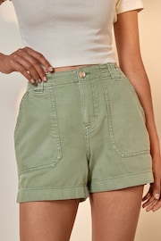 Khaki Green Cargo Utility Lightweight Denim Hourglass Shorts - Image 3 of 5