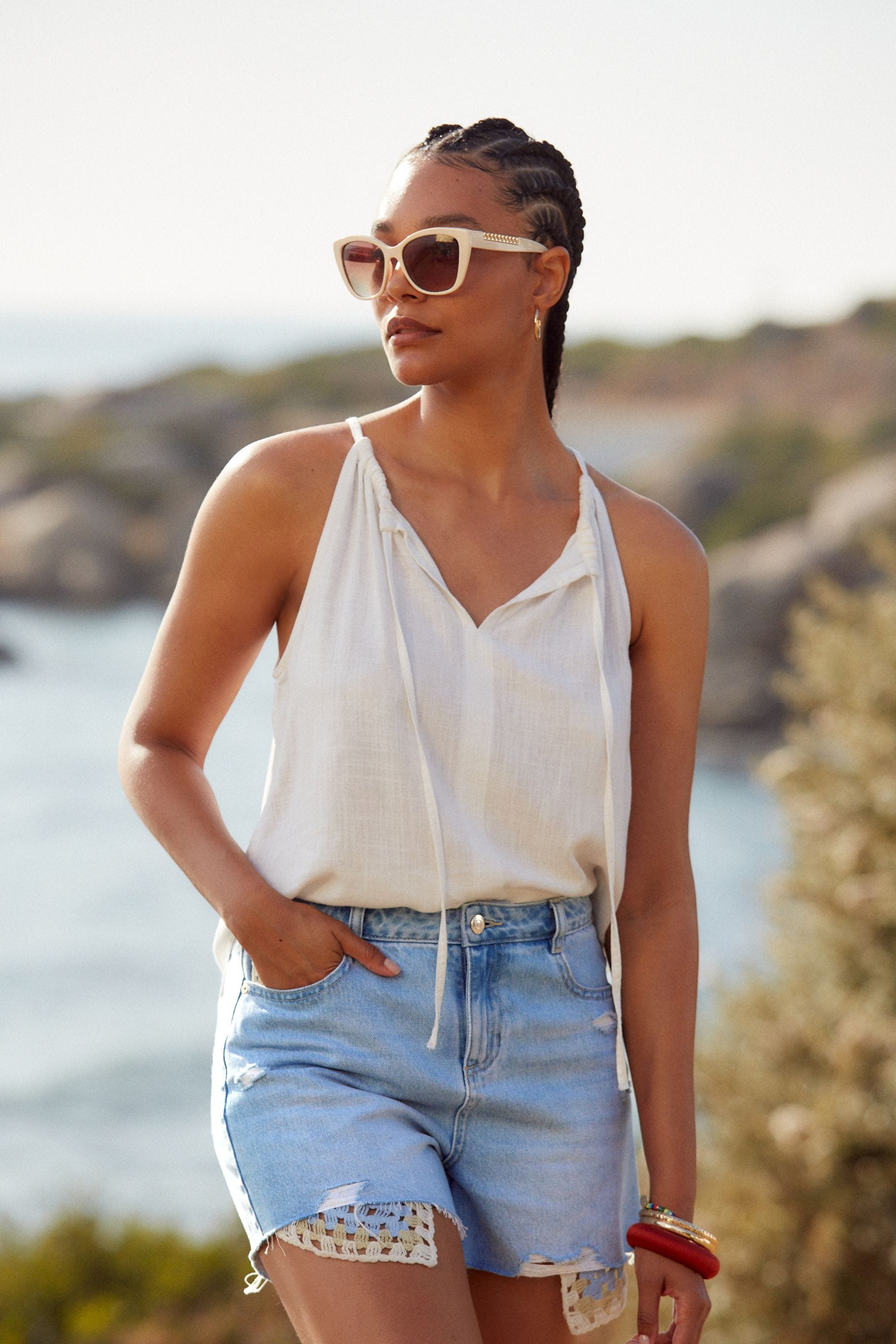 Mid Blue Crochet Insert Denim 100 Cotton Shorts