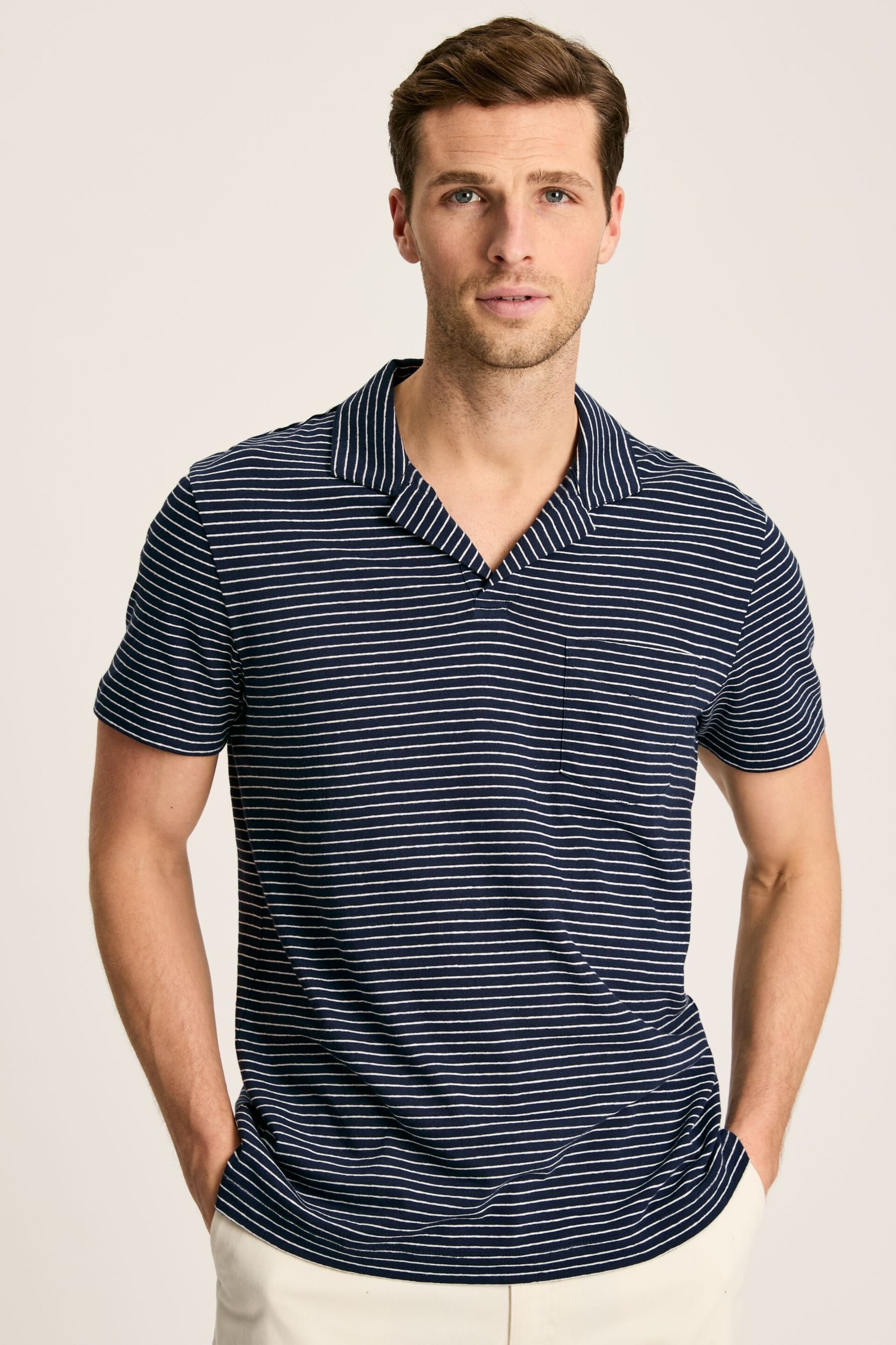 Joules Linen Blend Navy Blue Striped Polo Shirt - Image 1 of 9