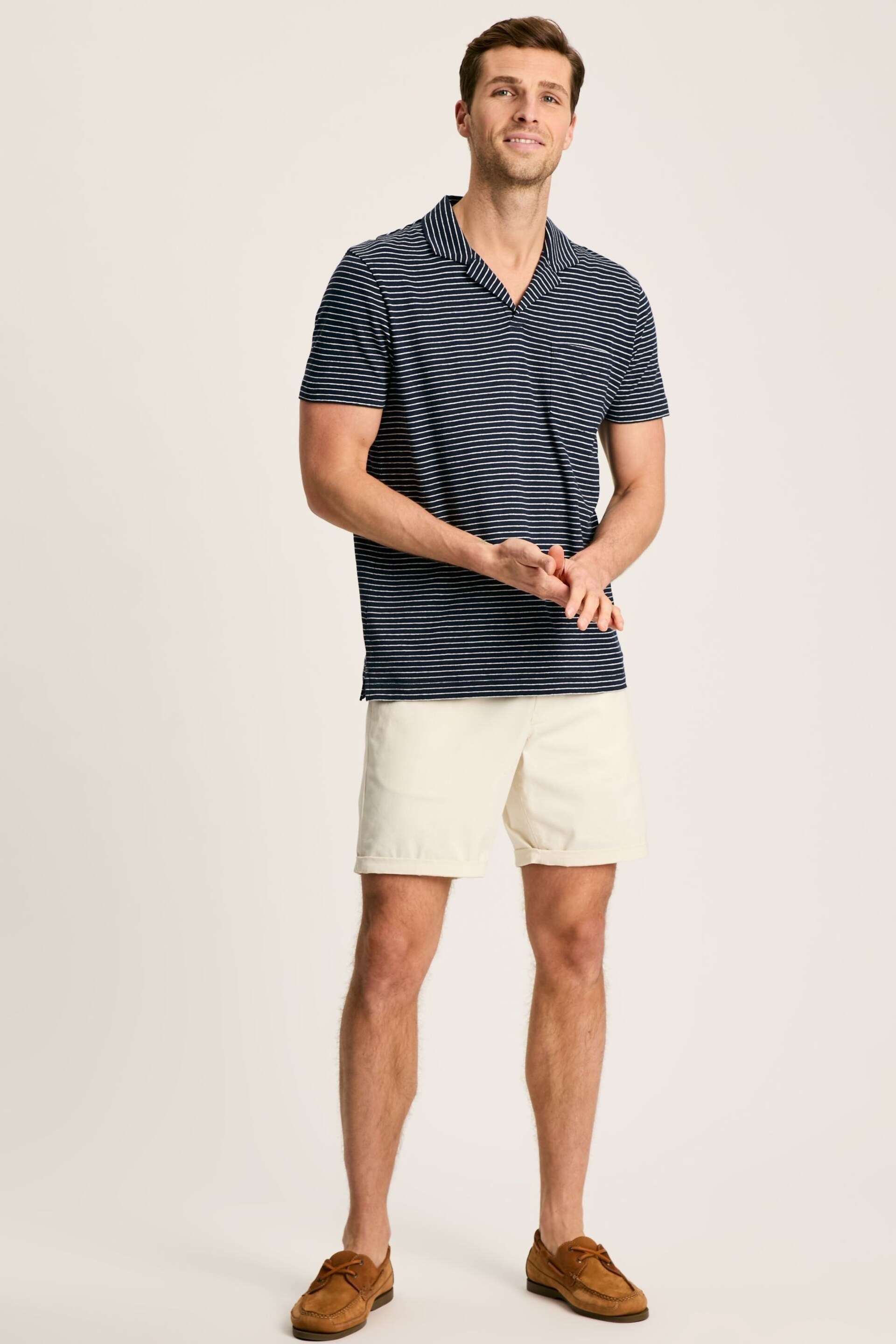 Joules Linen Blend Navy Blue Striped Polo Shirt - Image 3 of 9