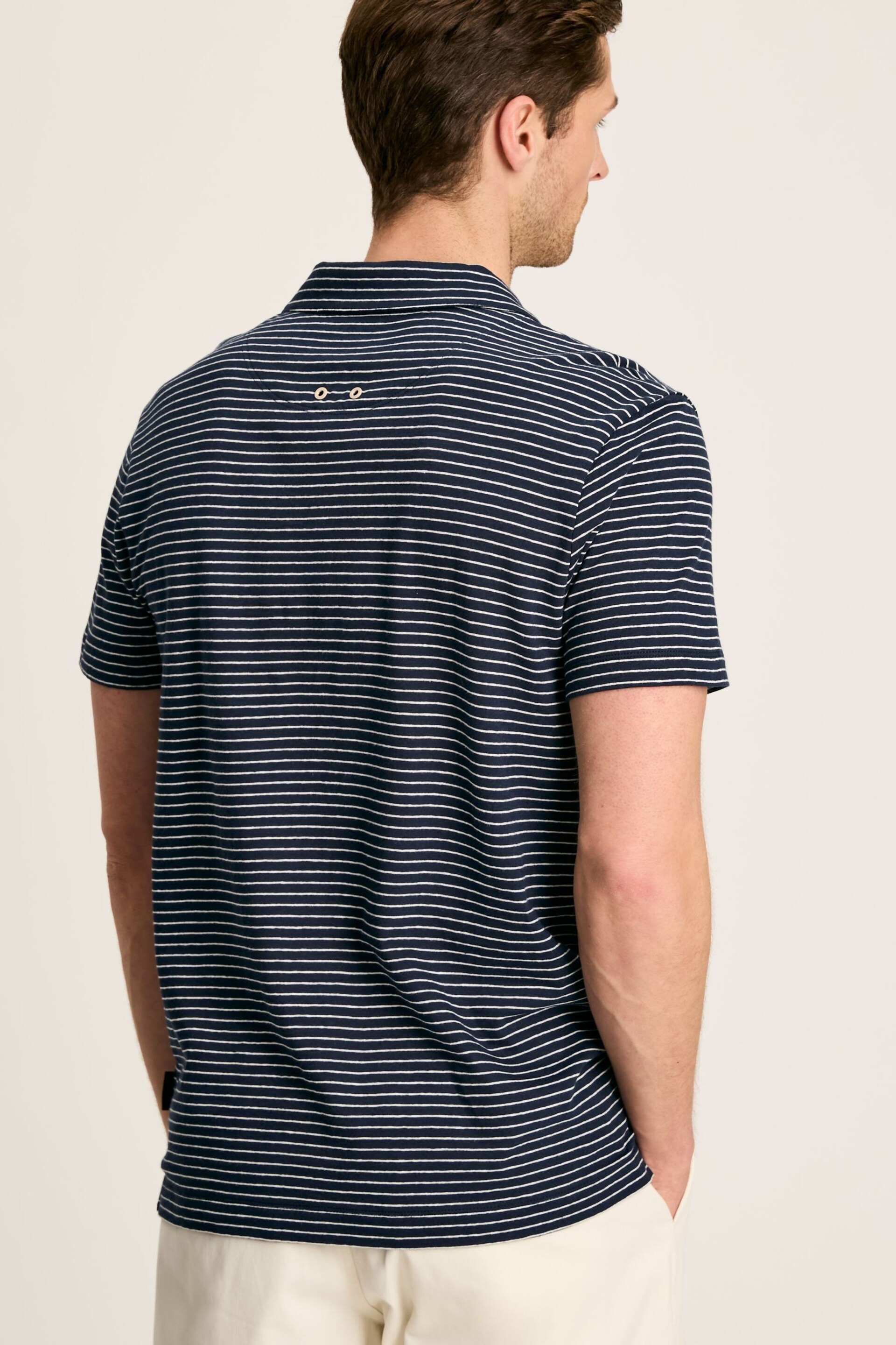 Joules Linen Blend Navy Blue Striped Polo Shirt - Image 4 of 9