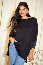 Friends Like These Black Petite Soft Jersey Long Sleeve Satin Trim Tunic Top - Image 1 of 4