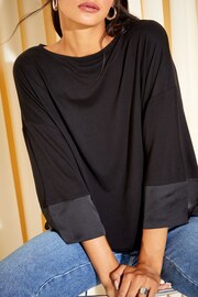 Friends Like These Black Petite Soft Jersey Long Sleeve Satin Trim Tunic Top - Image 3 of 4