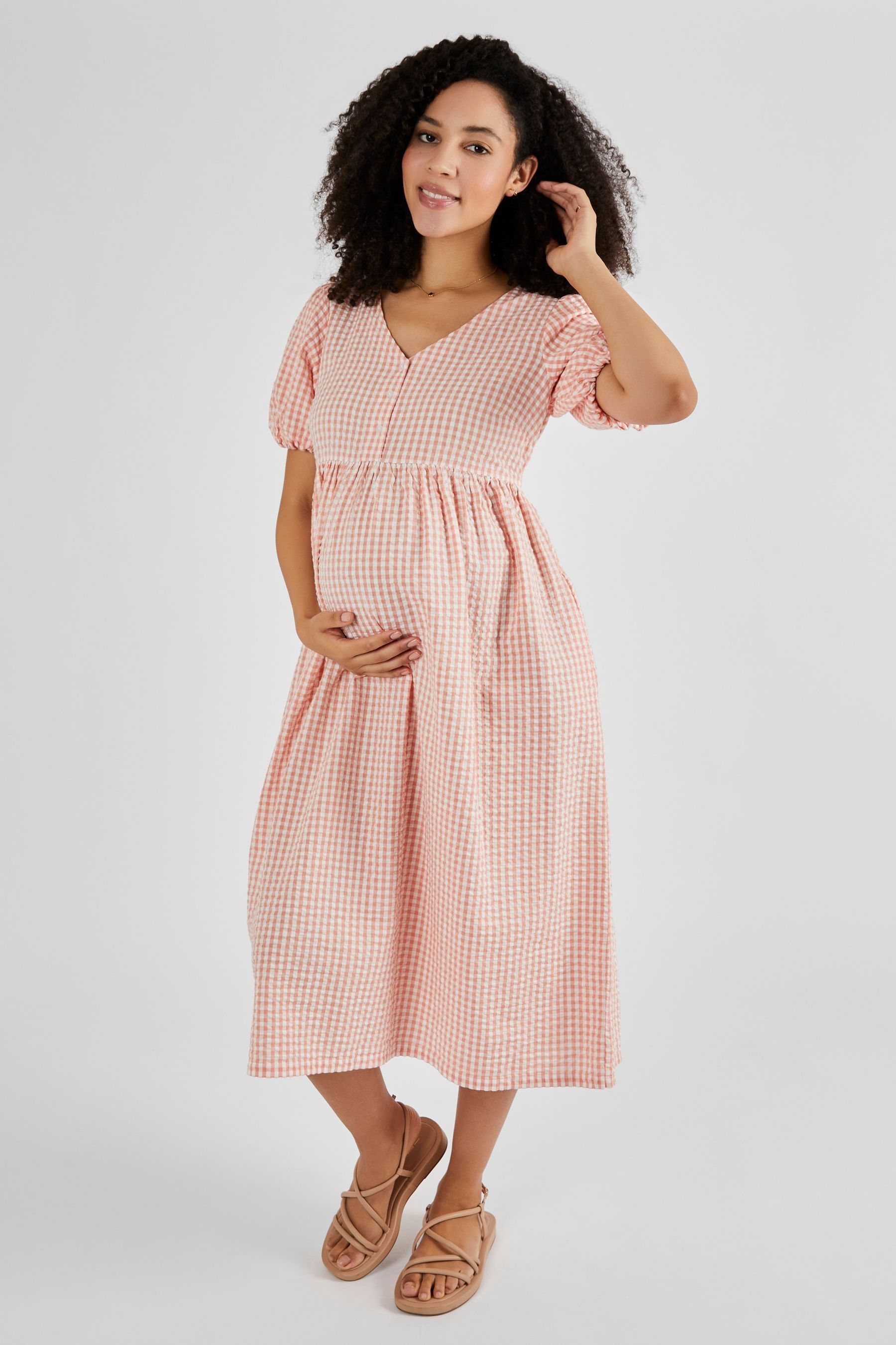 Buy JoJo Maman Bebe Coral Gingham Puff Sleeve Maternity Midi Dress from Next Luxembourg