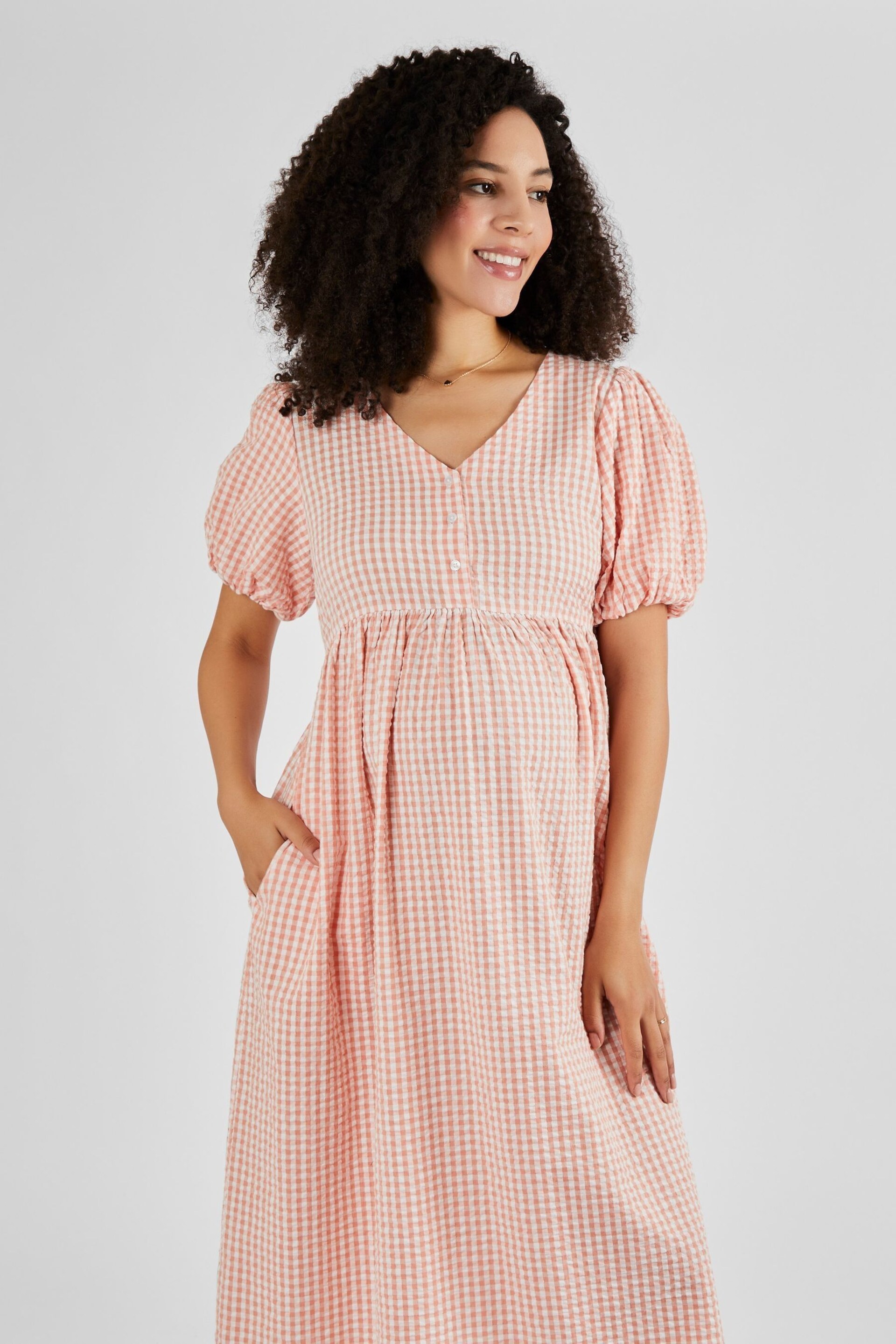 JoJo Maman Bébé Coral Gingham Puff Sleeve Maternity Midi Dress - Image 3 of 4