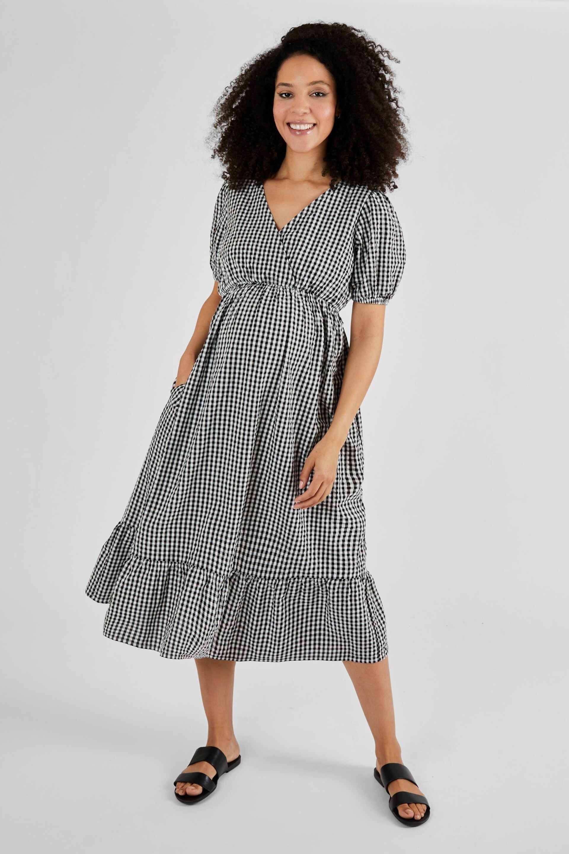 JoJo Maman Bébé Black Gingham Print Maternity Midi Dress - Image 1 of 5