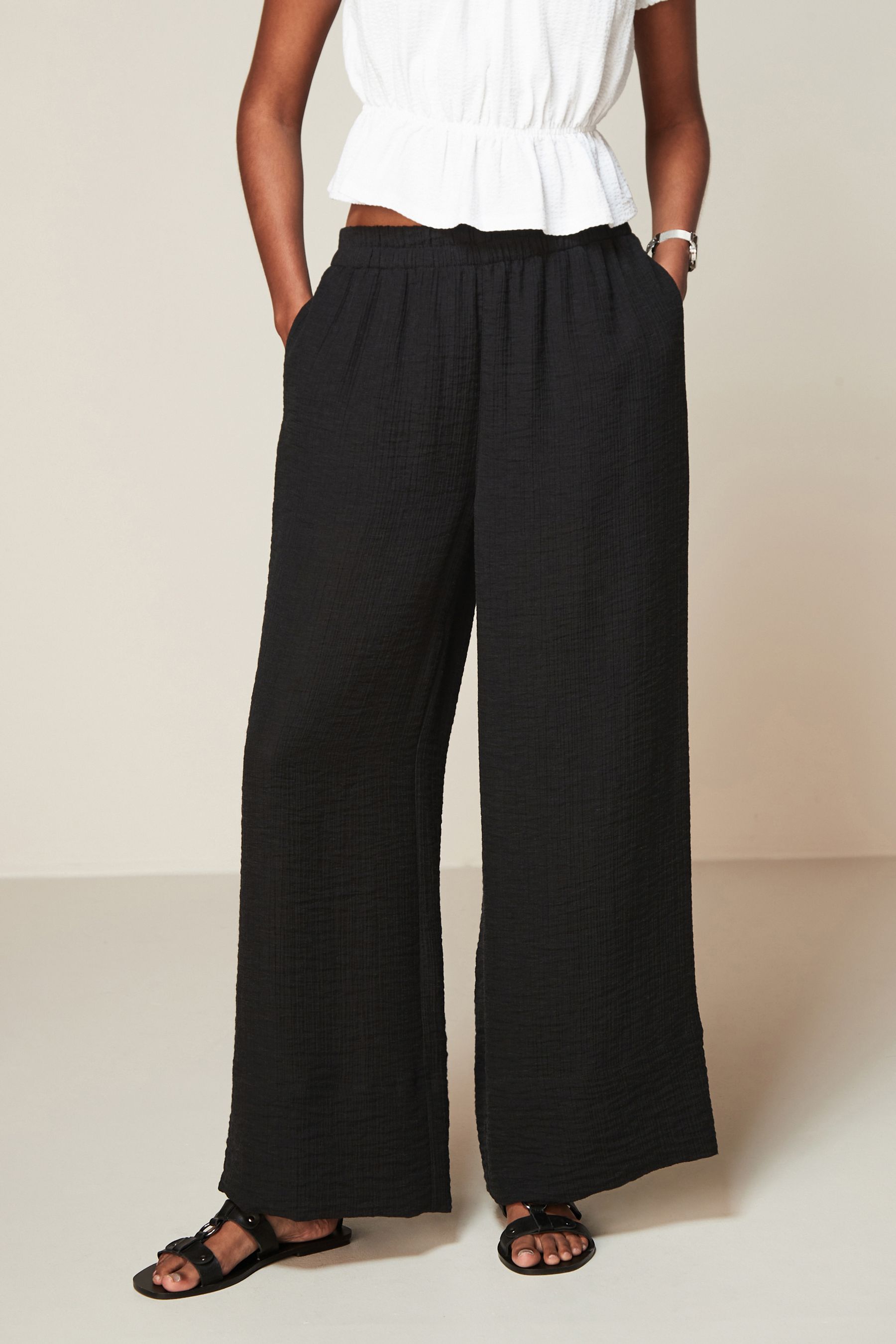 Black Textured Sheer Wide Leg Trouser