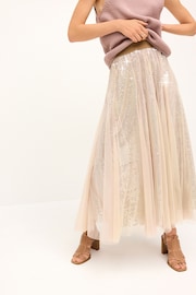 Neutral Sparkle Mesh Midi Skirt - Image 2 of 6