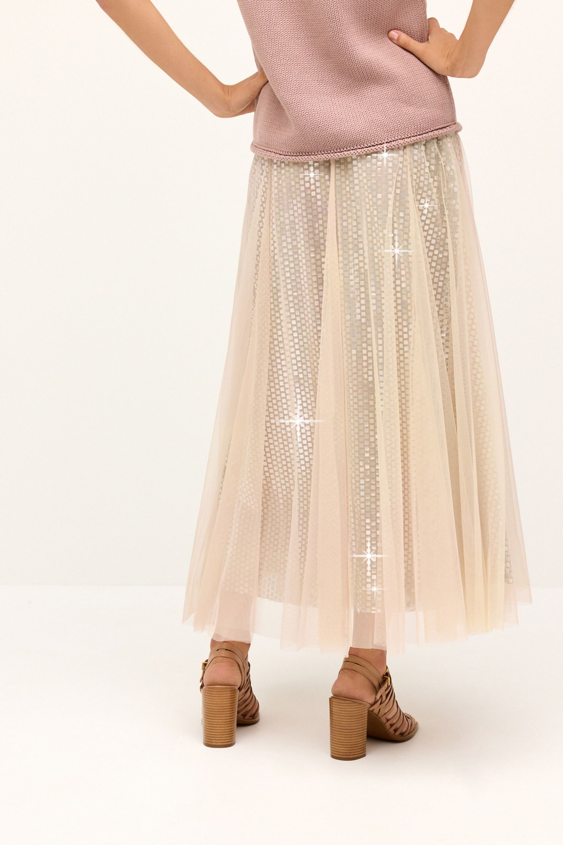 Neutral Sparkle Mesh Midi Skirt - Image 3 of 6