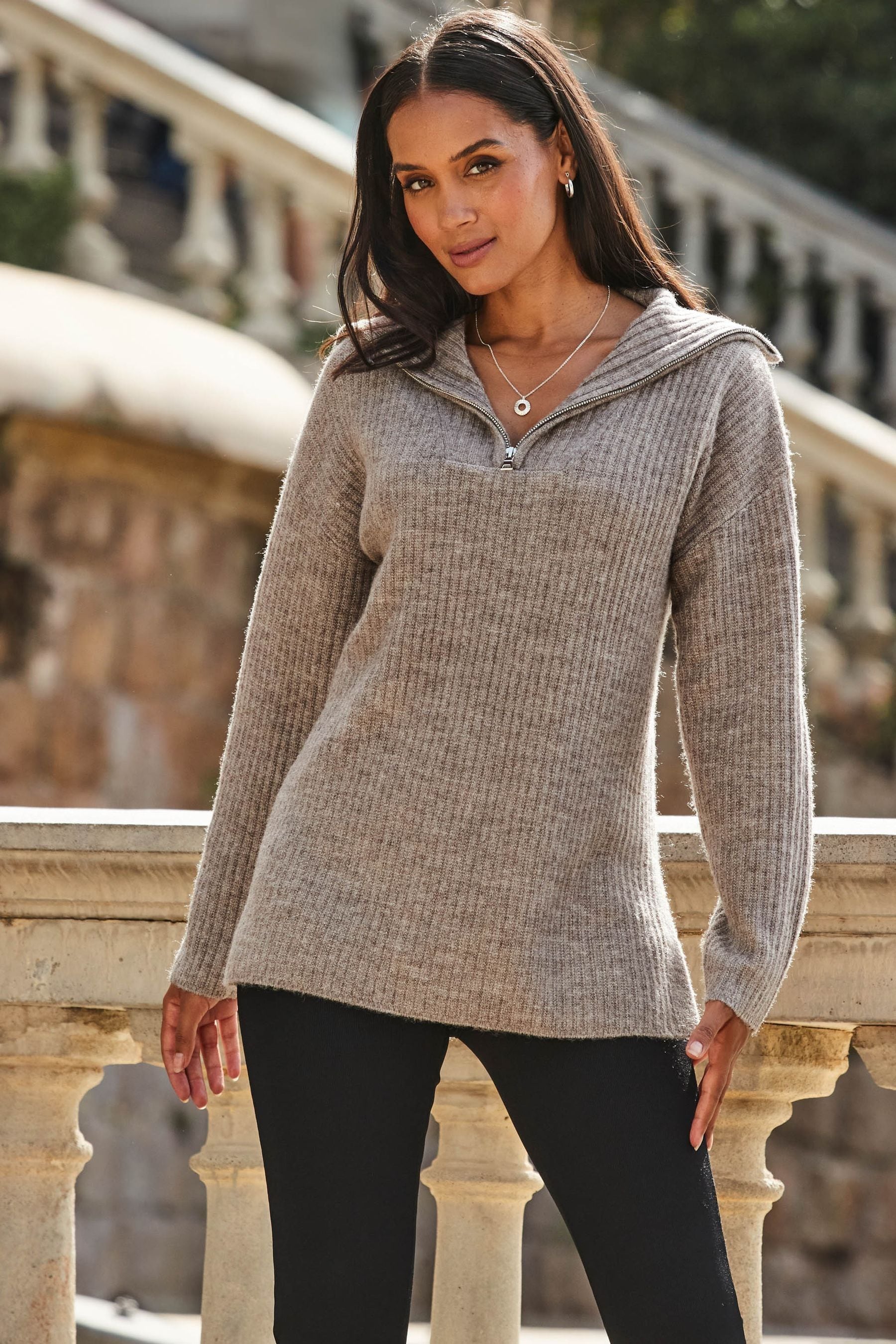 Buy Sosandar Brown Wide Rib Knit 1 4 Zip Neck Longline Jumper from the Next UK online shop
