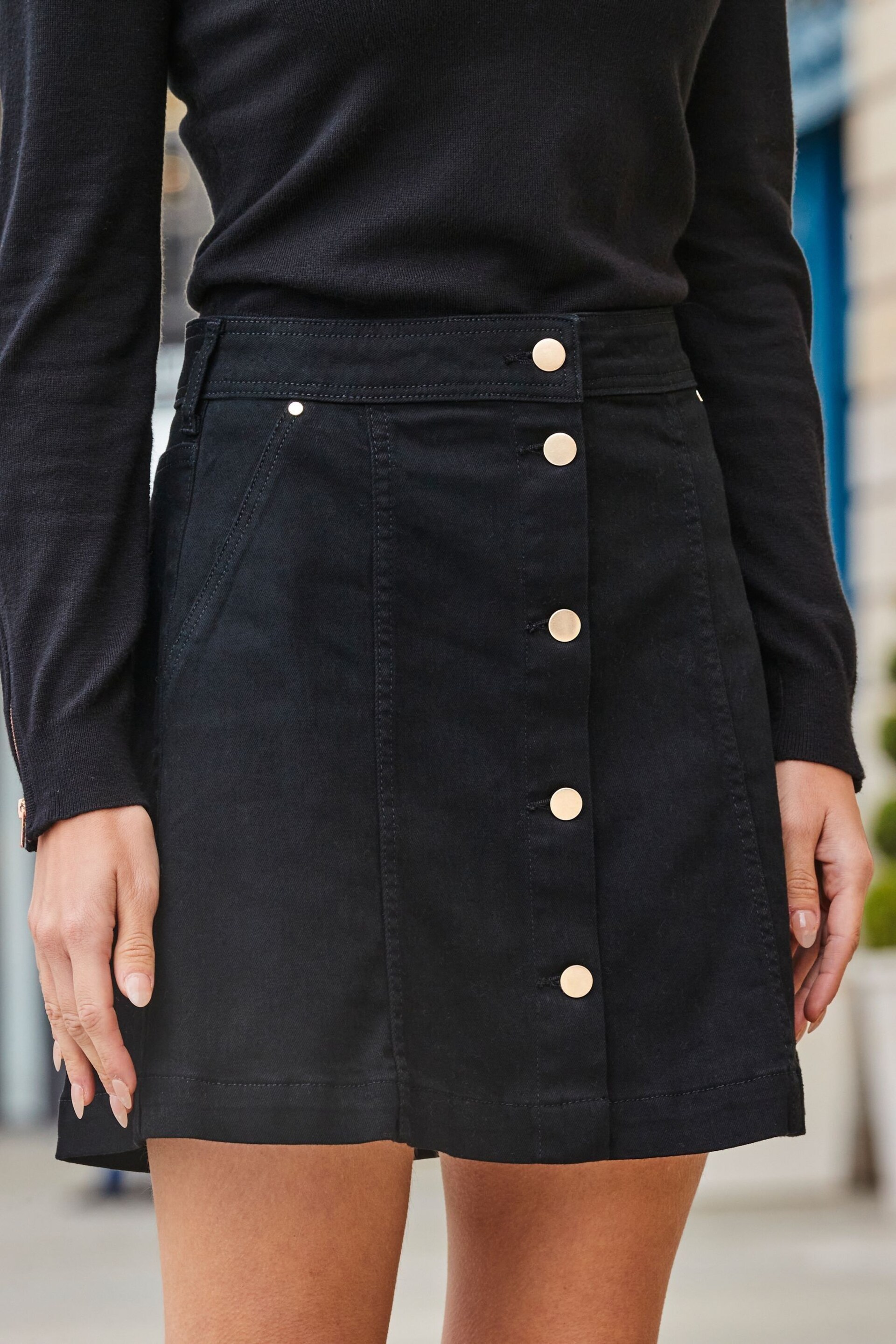 Sosandar Black Button Front A-Line Denim Skirt - Image 6 of 6