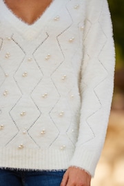 Sosandar Cream Fluffy Pearl Embellished Jumper - Image 5 of 5