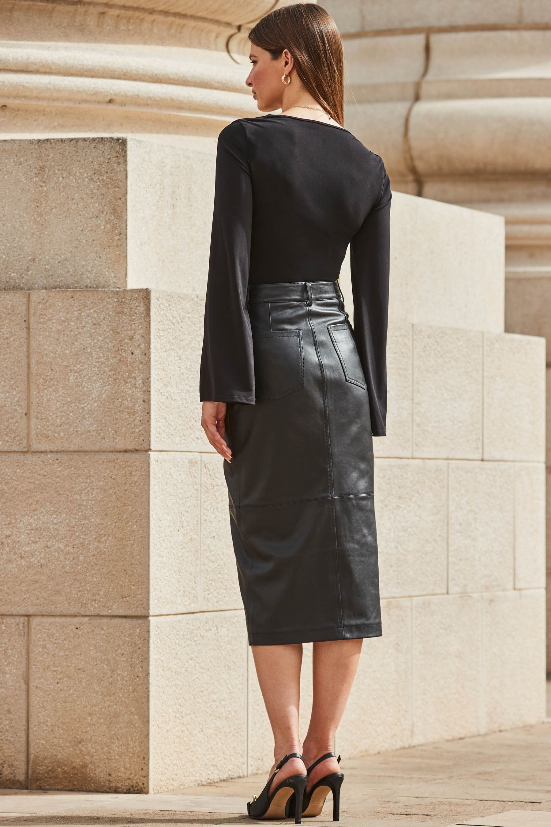 Buy Sosandar Black Leather Pencil Skirt With Split from Next France