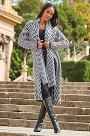 Sosandar Black Herringbone Knit Cardigan With Scarf - Image 1 of 5