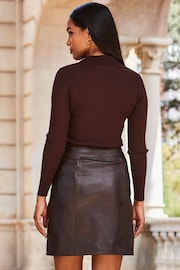 Sosandar Brown Leather Button Front Mini Skirt - Image 2 of 3