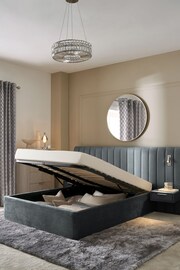 Plush Chenille Slate Blue Mayfair Upholstered Hotel Bed Frame with Ottoman Storage Bedside Tables and Lights - Image 3 of 8