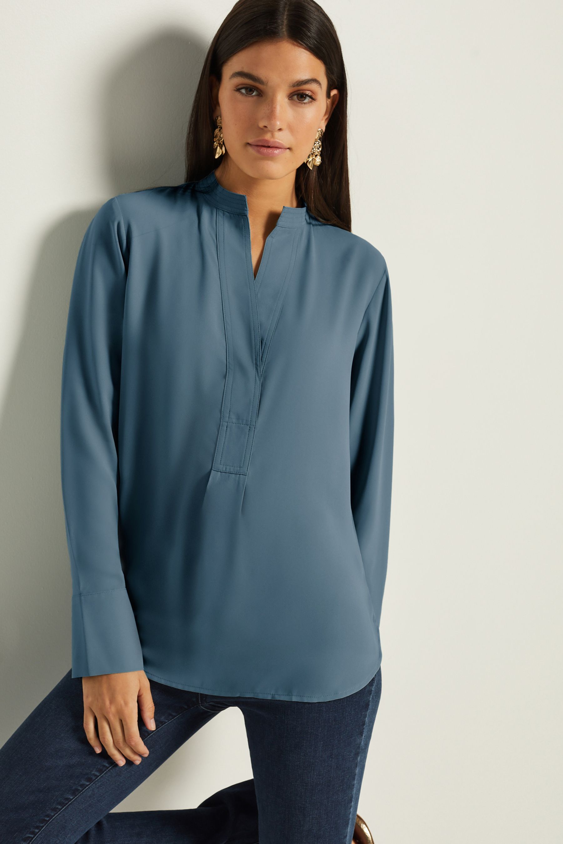 Buy Blue Long Sleeve Overhead V Neck Relaxed Fit Blouse from Next Pakistan