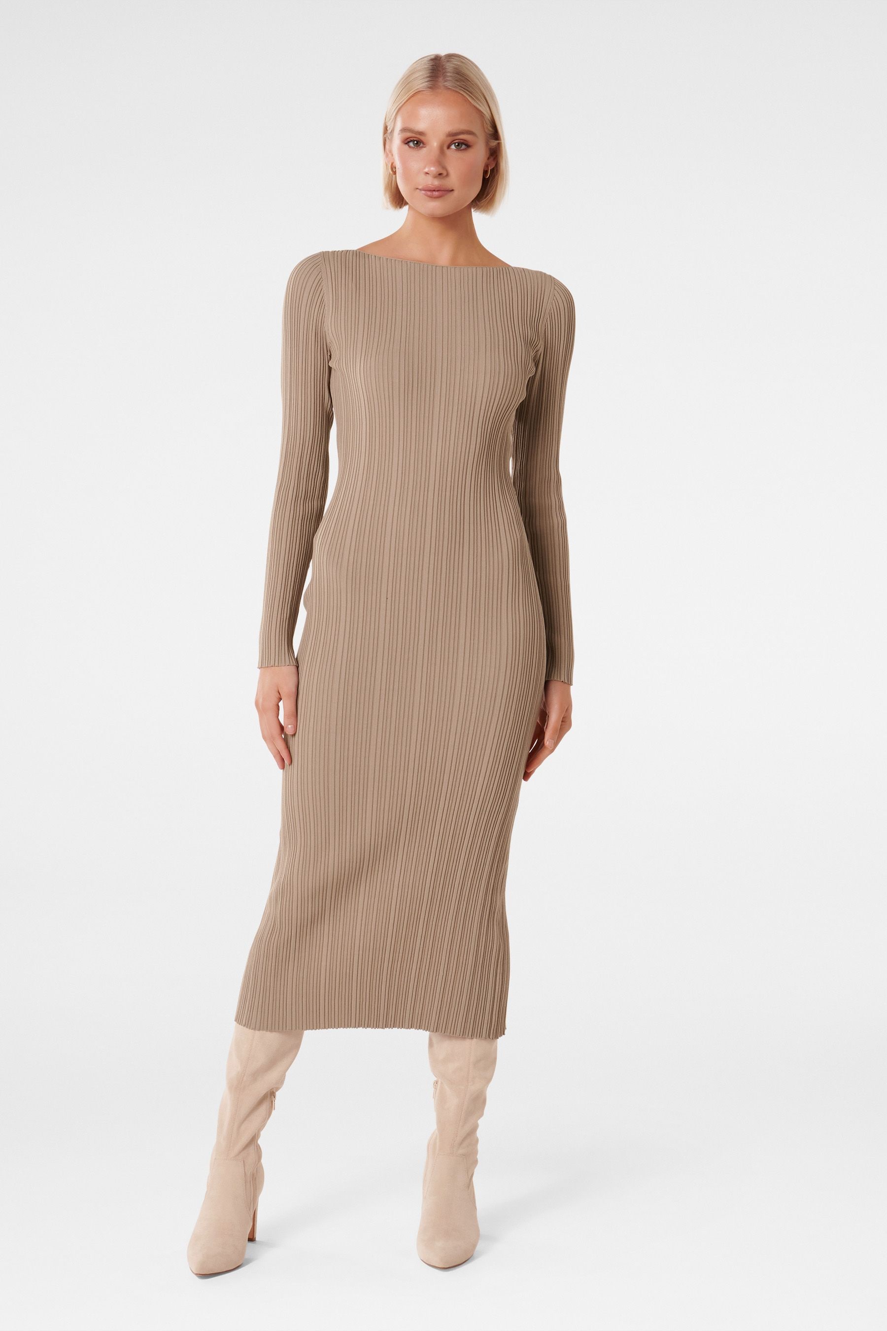Long sleeve rib knit dress sales